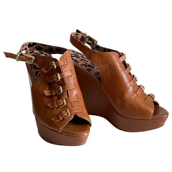 Jessica Simpson Brown Leather Buckle Wedge Platform Sandals Size 7.5 - Picture 6 of 10